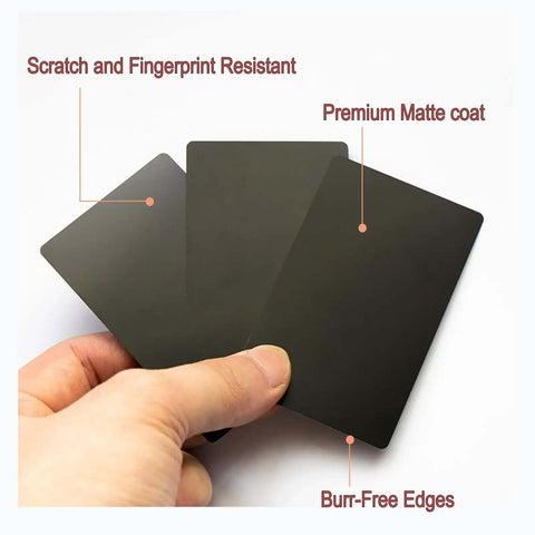 Hand holding Thick 0.42mm Aluminum Business Card Blanks For Laser Engraving, 50 Pcs Matte Black Pro Grade Metal Cards, close-up view