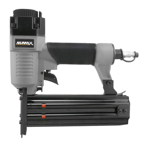Straight Shooter Pneumatic Brad Nailer 18 Gauge with black steel housing, ideal for crown molding and fine trim work.