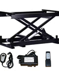 Top Shelf Electric Scissor Lift Table With Foldable Design And Wireless Remote Control shown in black with remote and motor components.