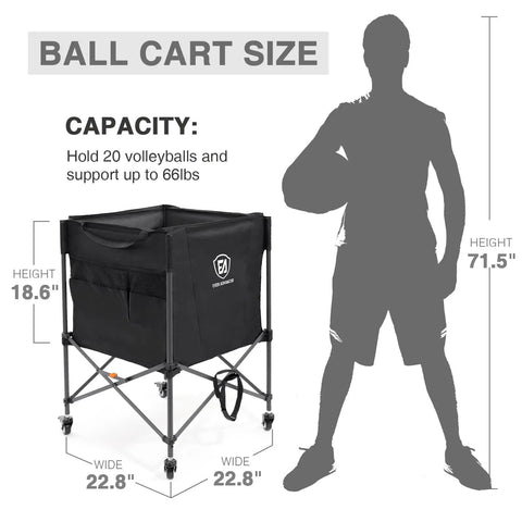 Rolling Ball Storage Cart With Lockable Wheels, Collapsible Multi-Sport Gear Organizer, 18.6" high, holds 20 balls, 66 lbs capacity