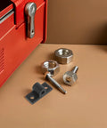 Heavy Duty Aluminum Corner Bracket Set for Extrusion Frames, 5mm Thick Mounting Plates next to toolbox and bolts