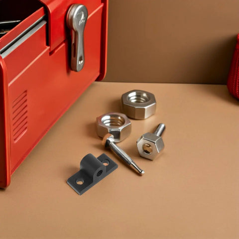 Heavy Duty Aluminum Corner Bracket Set for Extrusion Frames, 5mm Thick Mounting Plates next to toolbox and bolts
