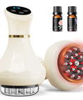 Chill Out Lymphatic Drainage Massager And Handheld Body Sculpting Machine with red light, oils in background