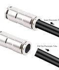 6mm Union Straight Push To Connect Fittings For Air Water And Steam Quick Connect Tube Fittings 6mm By 6mm Pack showing connection and tube insertion.