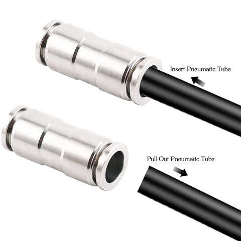 6mm Union Straight Push To Connect Fittings For Air Water And Steam Quick Connect Tube Fittings 6mm By 6mm Pack showing connection and tube insertion.