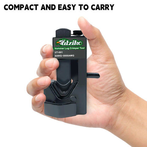 Hand holding Beefy Hammer Lug Crimp Tool For 8 AWG To 0000 AWG Battery And Welding Cables, Heavy Duty Crimp Tool With Compact Design