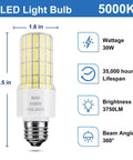 Two Pack 30W LED Corn Light Bulbs, 3750 Lumen, 5000K Cool Daylight, Waterproof Outdoor Indoor, E26 E27 Medium Base, front view