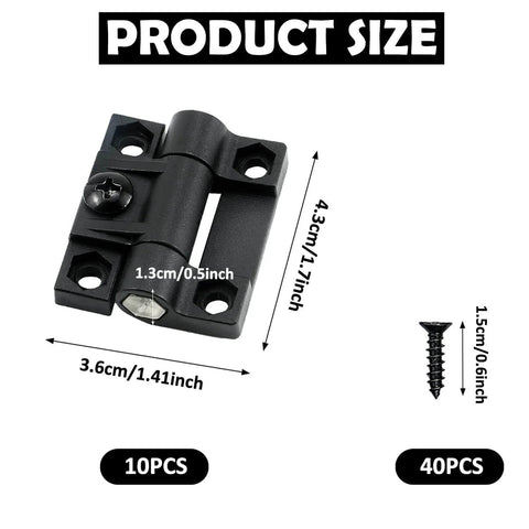Adjustable Torque Hinges Set 10 Pack GTILE 43x36mm Position Control Door Hinges in Black with screws shown in size chart.