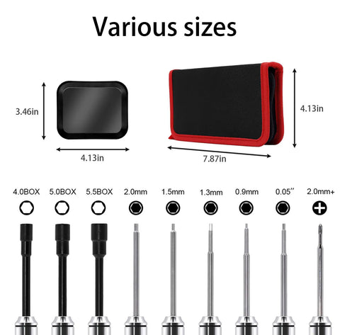 Must-Have Compact 12-Piece RC Tool Kit with short handle drivers and case, shown with various sizes for 1/18 and 1/24 micro crawlers