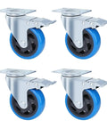 Four Inch Heavy Duty Swivel Caster Wheels With Dead Lock Brakes And Silent Non Marking Polyurethane Tires For Crushing Heavy Loads Rock Solid Mobile Upgrades Hella Smooth Ride All Day Long in a set of four with blue tires.