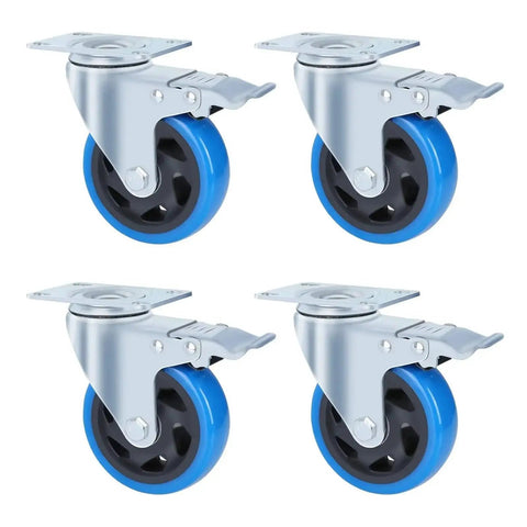Four Inch Heavy Duty Swivel Caster Wheels With Dead Lock Brakes And Silent Non Marking Polyurethane Tires For Crushing Heavy Loads Rock Solid Mobile Upgrades Hella Smooth Ride All Day Long in a set of four with blue tires.