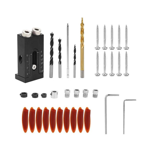 Pocket Hole Jig Kit With Dual Guides And Oblique Drilling Locator, Pro Grade Aluminum Alloy components and accessories displayed
