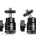 Dual pack 1/4 Inch Camera Hot Shoe Mount with Ball Head, shown in adjustable positions with extra 1/4 inch screw.