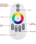 Front view of RGB LED Music Touch Controller with RF Remote, showing color calibration ring and buttons for 15 music modes.