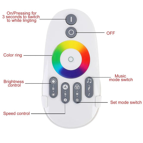 Front view of RGB LED Music Touch Controller with RF Remote, showing color calibration ring and buttons for 15 music modes.