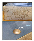 Close-up of USZWBY Vessel Sinks Vessel Sink Lotus Pattern Art Countertop Basin Rectangular Ceramic Washbasin with detailed lotus design.