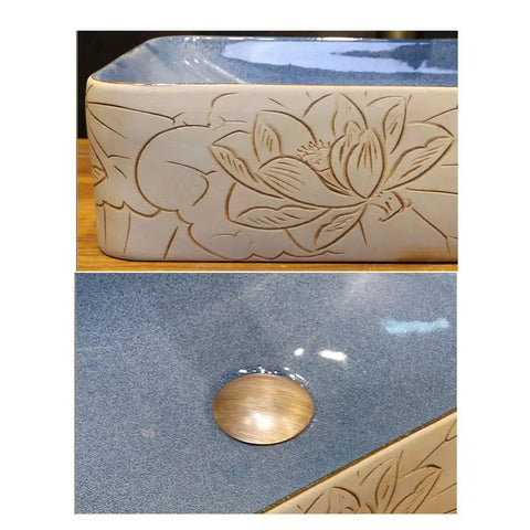Close-up of USZWBY Vessel Sinks Vessel Sink Lotus Pattern Art Countertop Basin Rectangular Ceramic Washbasin with detailed lotus design.