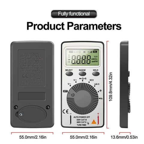 Front, back, and side view of Auto Ranging Digital Multimeter With NCV Contact Tester Handy Pocket Size Voltage Current Resistance Continuity