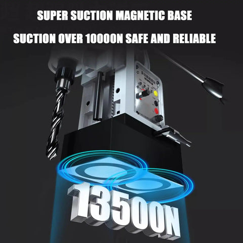 Powerful 1500W Magnetic Drill Press showing super suction magnetic base with 13500N strength for secure operation.