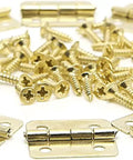 Gold Cabinet Hinges Set Of 10 Four Hole Iron Hardware with screws for Jewelry Boxes and Small Chests.