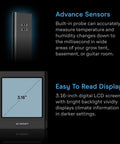 Smart Temp Humidity VPD Hygrometer B2 sensor and 3.16-inch LCD display features with Bluetooth app monitor for various spaces.
