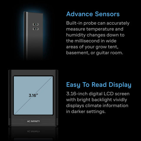 Smart Temp Humidity VPD Hygrometer B2 sensor and 3.16-inch LCD display features with Bluetooth app monitor for various spaces.