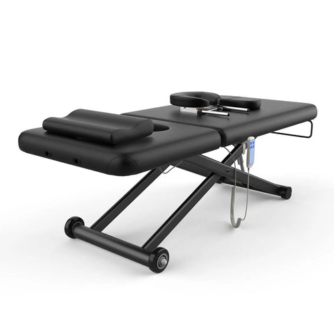 Dolonm Heavy Duty Electric Massage Table With Adjustable Lift And Backrest, wide black cushioned surface, remote control, durable design.