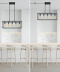 Modern Farmhouse Linear Chandelier In Matte Black over kitchen island, industrial rectangular light fixture with five E26 bulbs.