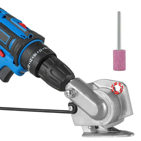Stainless Steel Drill Attachment For Sheet Metal Cutting And DIY Craft Projects connected to electric drill with grinding bit