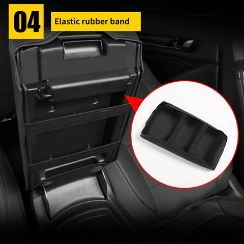 Back side of Black Leather Armrest Cover for Nissan Maxima Center Console 2016-2023 showing elastic band feature.