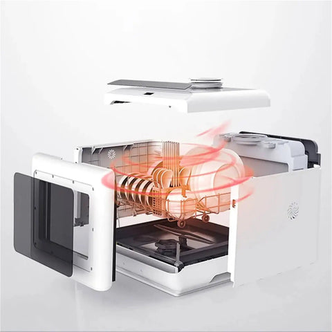 Hassle Free Portable Countertop Dishwasher With A Slick Compact Build Dead Simple To Run And Delivers High Efficiency Cleaning For Sparkling Dishes Daily, shown in cutaway view with dishes inside.