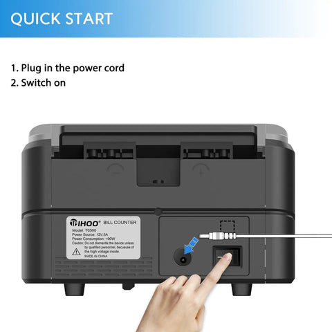Back view of Portable Money Counter With UV And MG Counterfeit Detection, user plugging in power cord, black and gray design