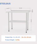 Diagram of 36-inch Stainless Steel Work Table With Back Panel And Undershelf 36 Inches Built Tough For Kitchen Restaurant Garage Or Workshop Scratch And Rust Resistant Easy To Clean NSF Certified dimensions