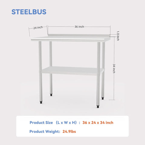 Diagram of 36-inch Stainless Steel Work Table With Back Panel And Undershelf 36 Inches Built Tough For Kitchen Restaurant Garage Or Workshop Scratch And Rust Resistant Easy To Clean NSF Certified dimensions