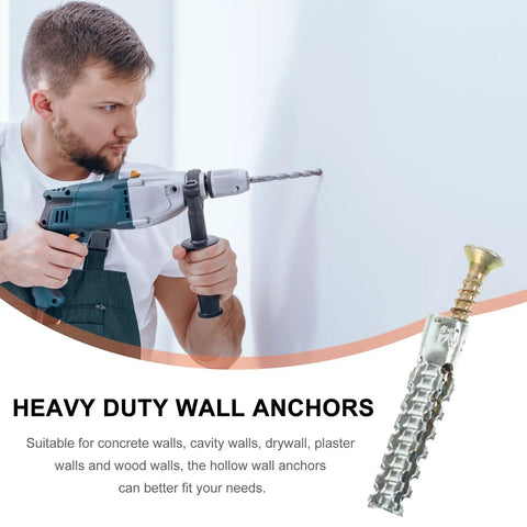 Heavy Duty Steel Hollow Wall Anchors With Screws Kit for Drywall and Plaster Walls displayed and man drilling