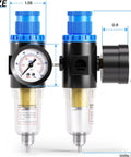 One Quarter Inch NPT Air Filter Regulator Kit With Gauge For Compressors 0 To 145 PSI 5 Micron Brass Element front and side view