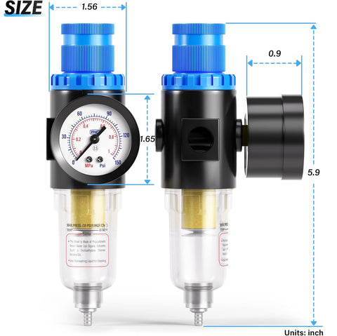 One Quarter Inch NPT Air Filter Regulator Kit With Gauge For Compressors 0 To 145 PSI 5 Micron Brass Element front and side view