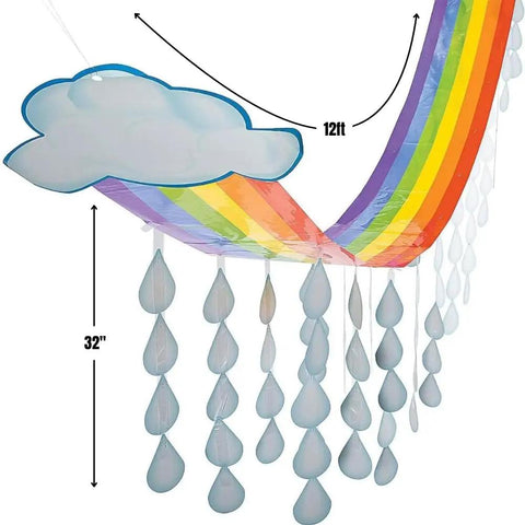 Rainbow Cloud And Raindrops Ceiling Hangers, 12 Ft Long By 32 In Wide, colorful paper decor with vibrant rainbow and cloud