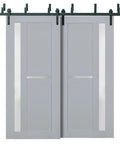 Veregio 7288 Interior Barn Bypass Sliding Doors With Frosted Glass And Solid Wood, 84x96 Inches, Black Finish