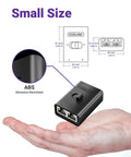 Hand holding Two Port RJ45 Ethernet Switch and Passive Selector with mechanical slide switch, no power needed, small size diagram.