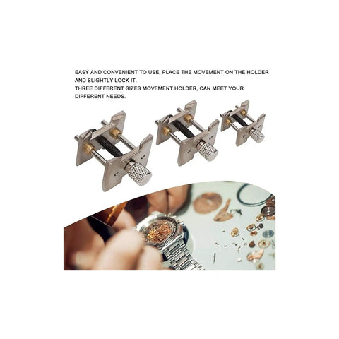 Watch Repair Kit With Movement Holder Set Three Piece Metal Base Holders For Secure Movement Fix on workbench