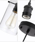 Three Pack Dope Industrial Transparent Pendant Lights With Large Cylindrical Glass Shades And Clear Finish Adjustable Nylon Core Height For Kitchen Island Not Included Bulbs, close-up of glass shade and mounting details