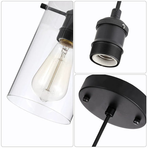 Three Pack Dope Industrial Transparent Pendant Lights With Large Cylindrical Glass Shades And Clear Finish Adjustable Nylon Core Height For Kitchen Island Not Included Bulbs, close-up of glass shade and mounting details