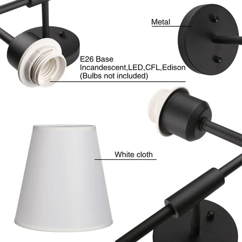 Classic Rustic Double Wall Sconce Lighting Fixture With Flared White Textile Shade and Black Long Arm E26 LED Compatible