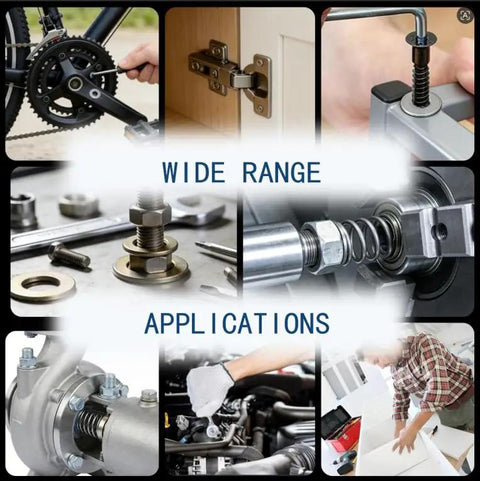 Heavy Duty 304 Stainless Steel Flat Washers Assortment Set Delivering A No Sweat Bolt And Screw Assembly With Nine Precision Metric Sizes shown in diverse applications.