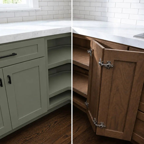 Unfinished Birch Kitchen Lazy Susan Corner Cabinet 36 Inch Featuring Twin Spin Shelves And Reversible Door with soft-close hinges.