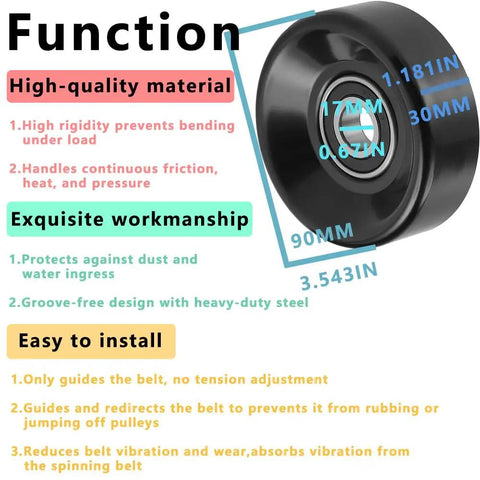 Heavy Duty 38001 Belt Drive Idler And Tensioner Pulley for Mercury Engines 88909582 419-602 durable steel build with dimensions and features.