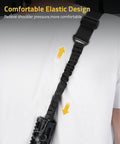 Person using Two Point Rifle Sling With Length Adjuster And Upgraded Metal Hooks on shoulder for comfort, nylon construction, black.