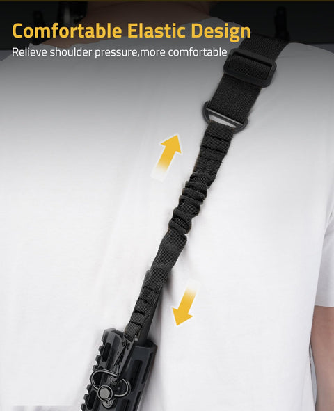 Person using Two Point Rifle Sling With Length Adjuster And Upgraded Metal Hooks on shoulder for comfort, nylon construction, black.