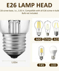 E26 lamp head compatible with all E26 screw bulbs, measuring 1.02 inches, showing various bulb types.